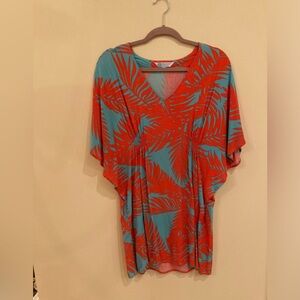 Escapada Living sundress, medium, coral-red and turquoise blue tropical print